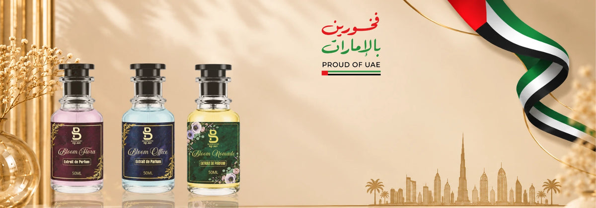 Bloom Scent Buy 2 Get 1 Free perfume offer featuring three Extrait de Parfum fragrances. luxury perfumes crafted in the UAE with UAE pride