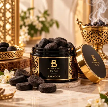 Bloom Scent Bakhoor jar with traditional incense pieces in a light modern Arabic setting for home fragrance